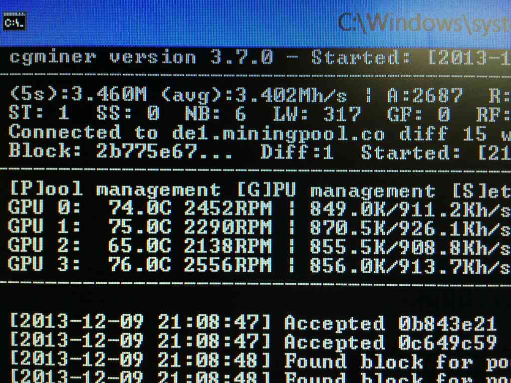cgminer output when running 4 R9 290s in the 2013 mining machine