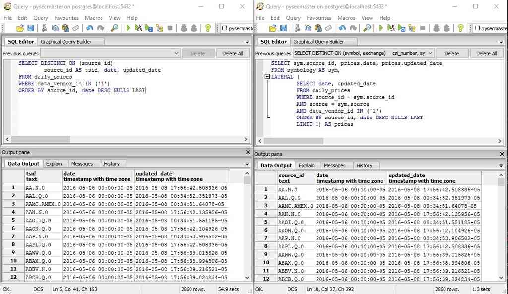 Brute force query (left) and optimized query (right); optimized query is over 42 times faster on a 56 million rows table